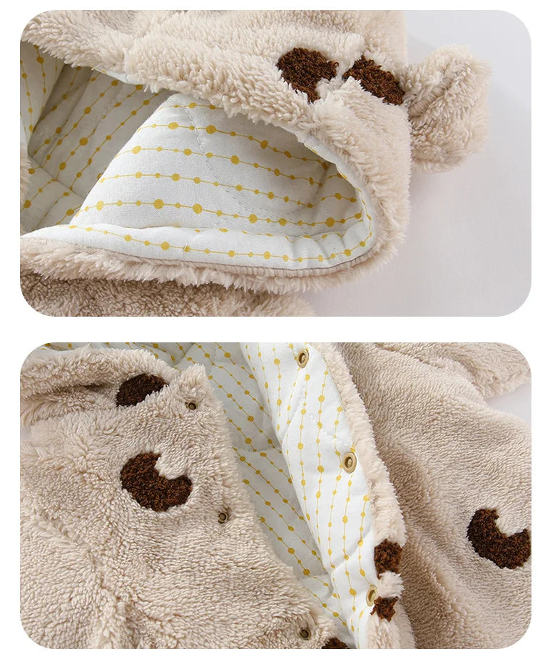 Winter New-born Warm Clothes Cotton Padded Toddler Fur Lining Hoodie Footie Jumpsuits