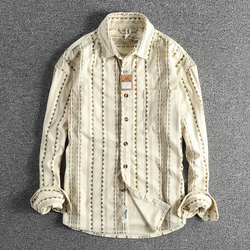 Lente Nieuwe Amerikaanse Retro Lange Mouw Revers Navajo Totem Bedrukt Shirt Herenmode 100% Katoen Gewassen Casual Blouses Dunne Jas