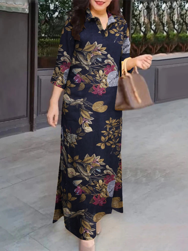 Women 3/4 Sleeve Long Dresses Autumn Fashion Lapel Neck Cotton Shirtdress Vintage Floral Print Maxi Shirt Dress