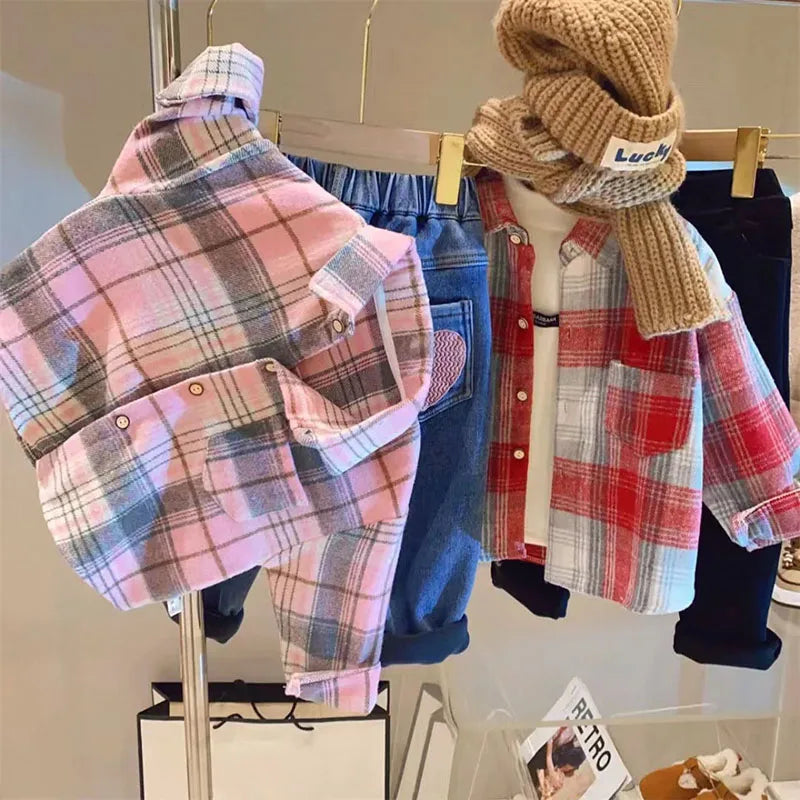 Autumn Kid's Shirts Boys Vintage Plaid Shirt Girls Casual Turn Down Collar Blouse Children's Base Tops 2-7Y Unisex
