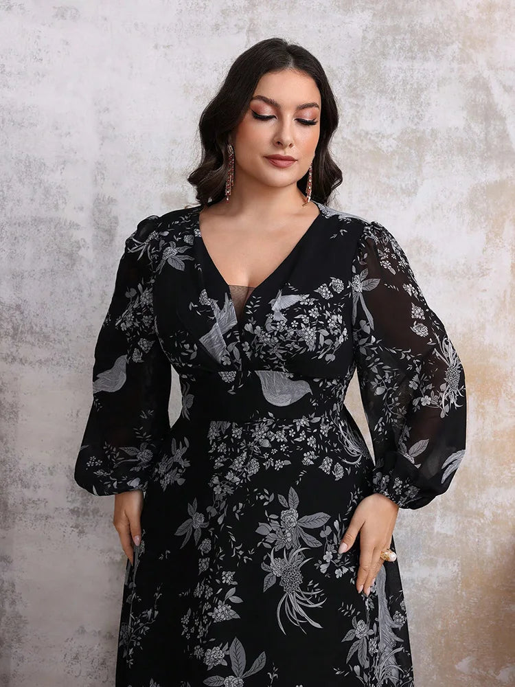Women's Elegant Random Floral Printed Casual Plus Size Long Dresses With V-Neck Lace Mesh Suitable For Female Party and Evening Dresses