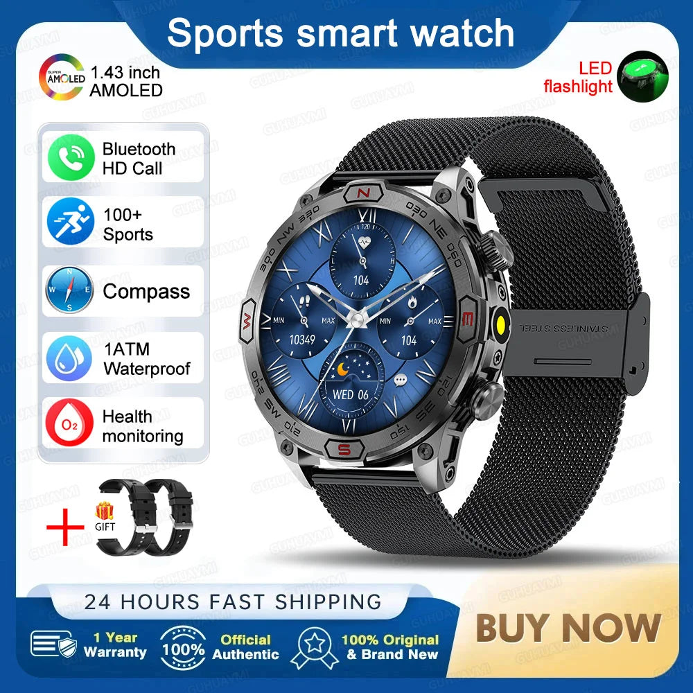 Outdoor Military Smart Watch Men Compass GPS Track Bluetooth Call IP68 Waterproof AMOLED Screen Smartwatch Compatible with Android IOS
