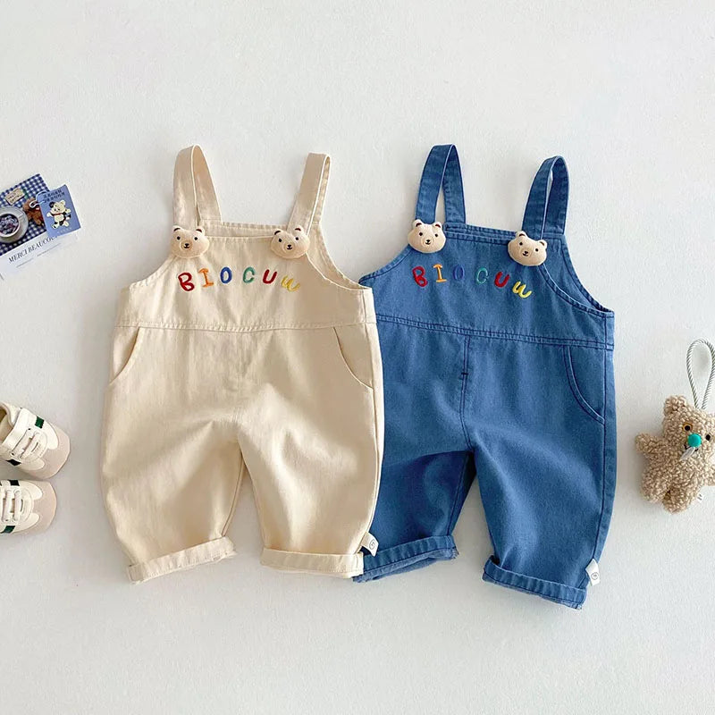 New Spring Kids Overall Children Cute Embroidered Letter Jeans Girls Boys Sweet Loose Casual Pants 0-5T Unisex
