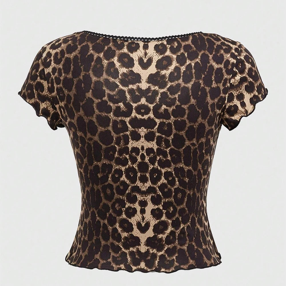 T-Shirts Summer Fashion Leopard Print Bowknot Short Sleeve Round Neck Skinny Fit T-Shirts For Women