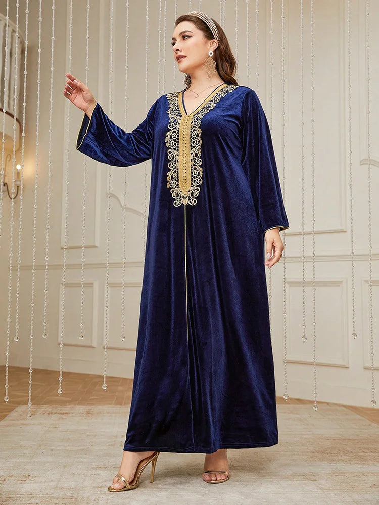 Women's Plus Size Contrast Lace Tape Velvet Dress New Autumn Winter Luxury Elegant Abaya Arabian Muslim Maxi Dresses