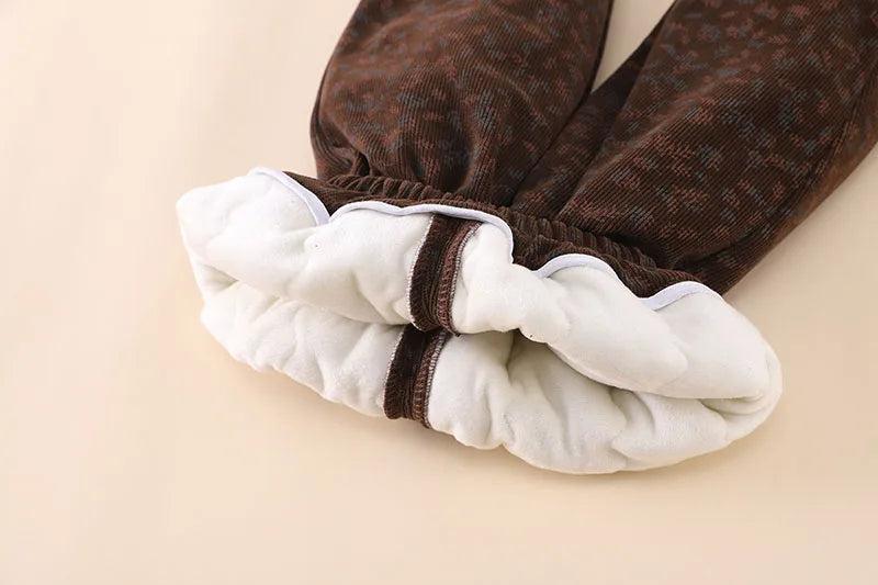 2024 New Children's Pants Girls Wheat Ear Printed Thick Trousers Winter Fur Lining Boys Warm Casual Pants 0-5Y Unisex