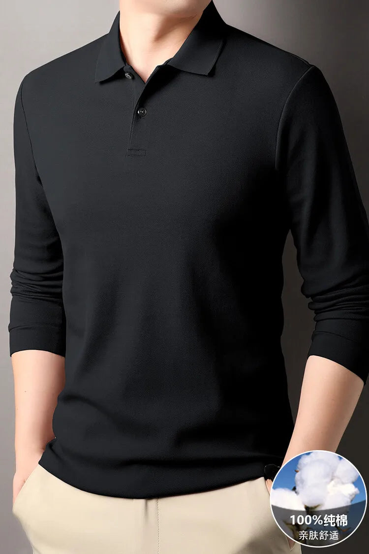 Men's 100% Cotton Polo Shirt, Four Seasons Universal Leisure Long Sleeve, Breathable Lapels T-shirt, Perfect and Durable for Golf Sports