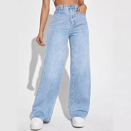Nieuwe lichtblauwe gewassen denim broek voor dames, modieuze hoge taille rechte jeans, eenvoudige wijde broek, warme uitverkoop