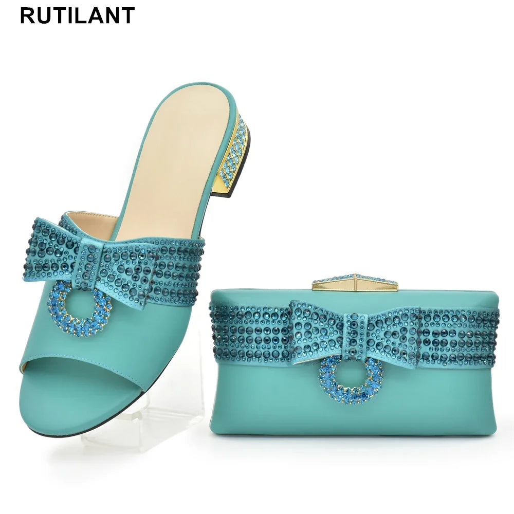 Italian Ladies Shoes and Bags To Match Set Decorated with Rhinestone Sling Backs Low (1cm-3cm) Luxury Shoes Women Designers