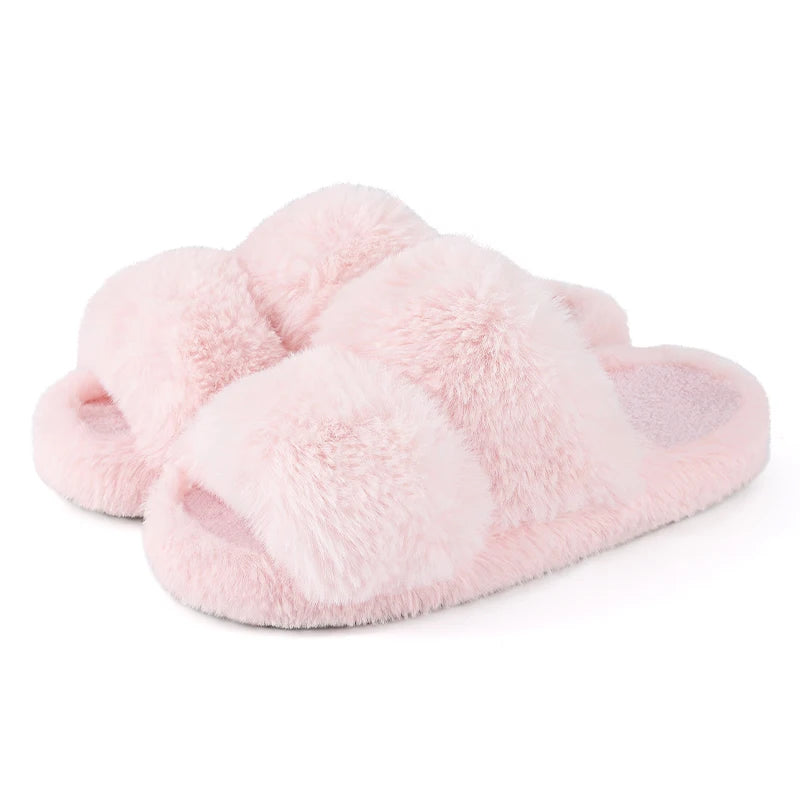 Women's Winter Warm Fluffy Platform Slippers Plush Open Toe Footwear Flat Slides Suitable For Indoor Use Ladies' Shoes