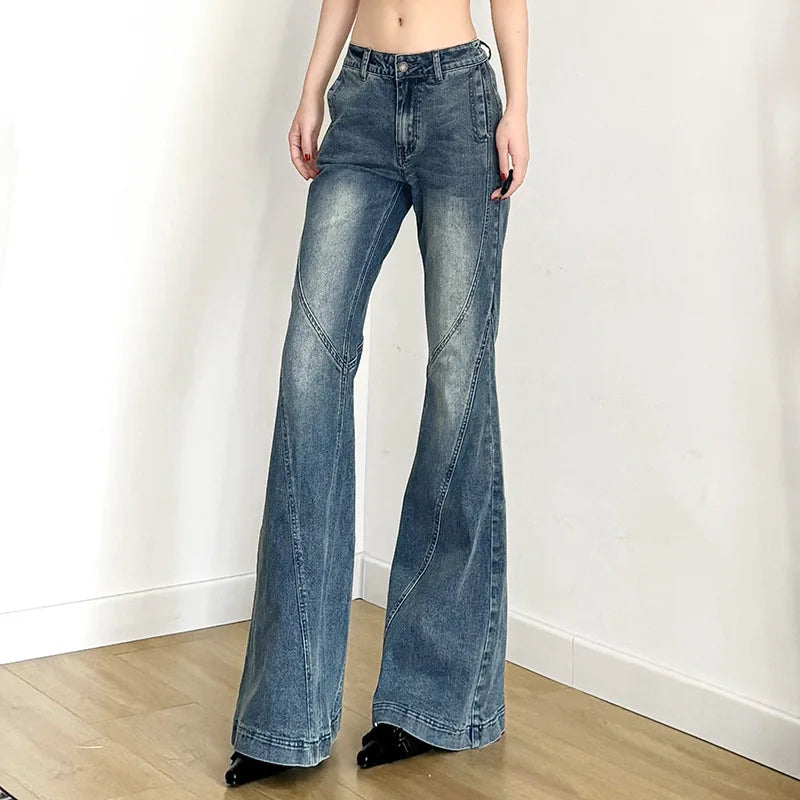 Women's Washed Denim Pants Trend Streetwear Y2K Low-Waist Flare Jeans Woman Casual All-Match Slimming Wide Leg Trousers