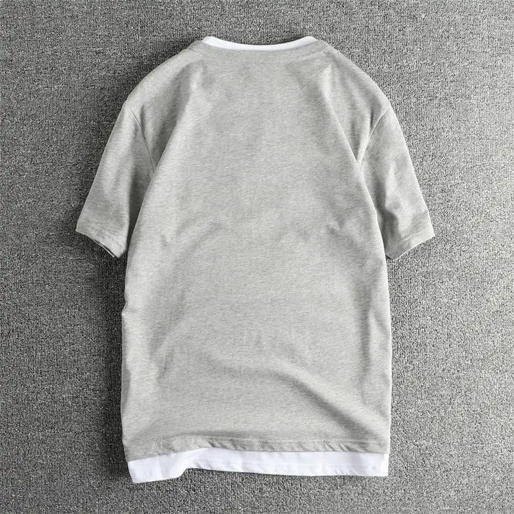 2025 Summer American Retro Short Sleeve V-neck Fake Two Pieces Solid Color T-shirt Men's 100% Cotton Washed Youth Casual Tops