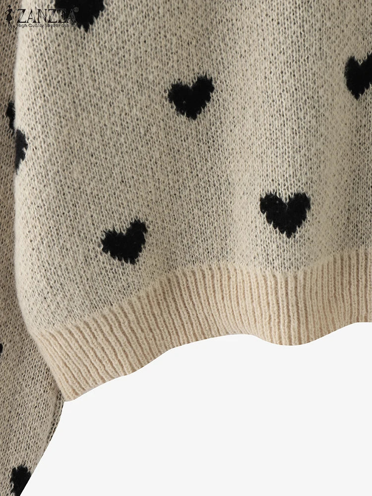Women Loose Knitted Sweaters 2025 Spring Autumn Lantern Sleeve O Neck Heart Pattern Pullovers Streetwear Stylish Tops