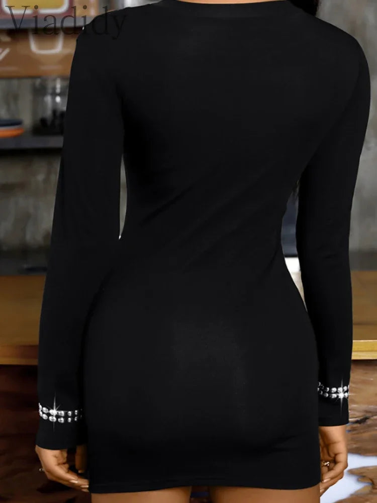 Sexy Rhinestone One Shoulder Long Sleeve Party Dress