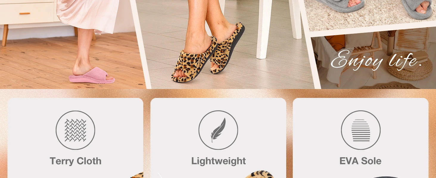 Women's Fuzzy House Slippers Orthopaedic Plush Slide With Arch Support and Open Toe Non-Slip Furry Bedroom Slide Suitable As House Shoes