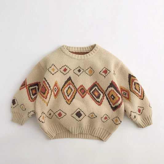 Autumn Winter Colourful Grid Retro Kids Sweaters Vintage Boys Warm Pullover Thicken Girls Knitwear Coat 1-6Y Unisex