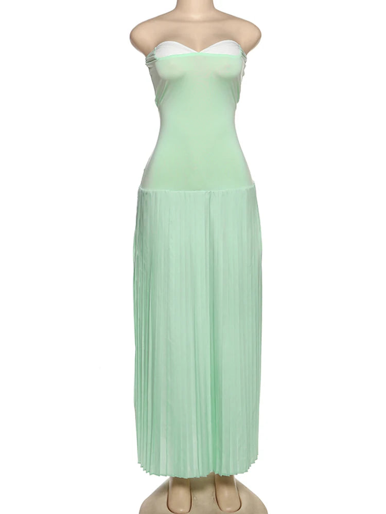 Patchwork Strapless Sexy Dress Women 2025 Summer Elegant Slim High Stretch Draped Pleated Birthday Party Bodycon