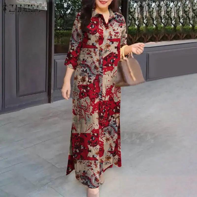 Women 3/4 Sleeve Long Dresses Autumn Fashion Lapel Neck Cotton Shirtdress Vintage Floral Print Maxi Shirt Dress