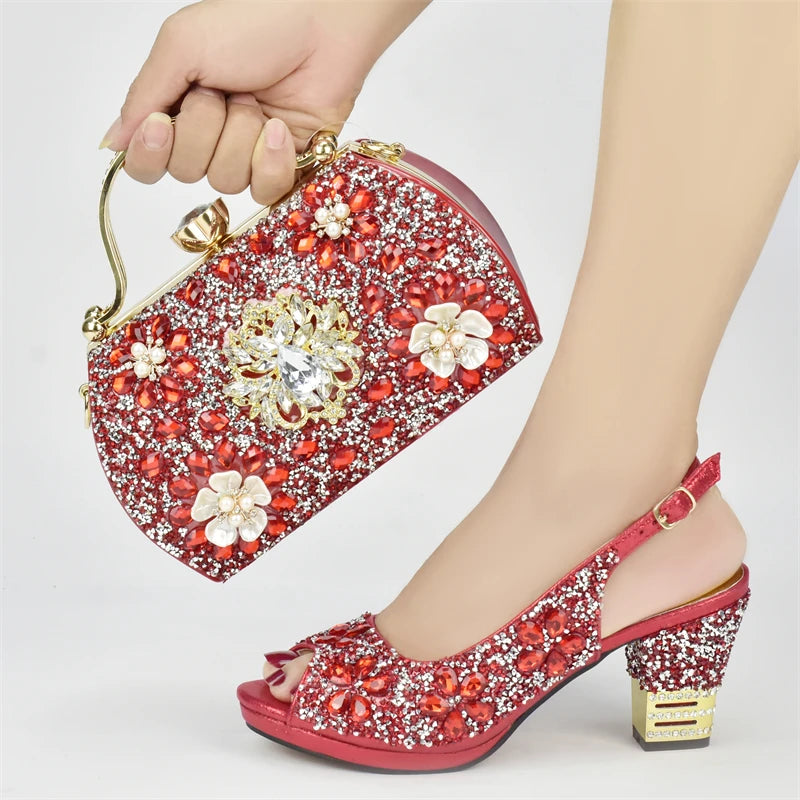 Italian Women Wedding Shoes and Bag Set Decorated with Rhinestone Africa Shoe and Bag Set Plus Size Heels 43 Wedding Shoes Bride