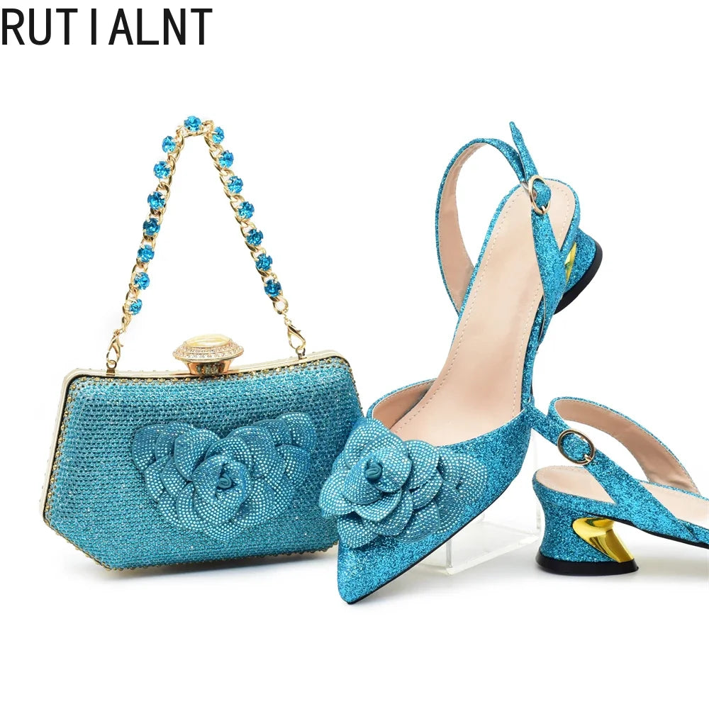 Designers Ladies Luxury Italian Party Shoes and Bag Set for Women Rhinestone-Decorated Suitable for Bride's Wedding