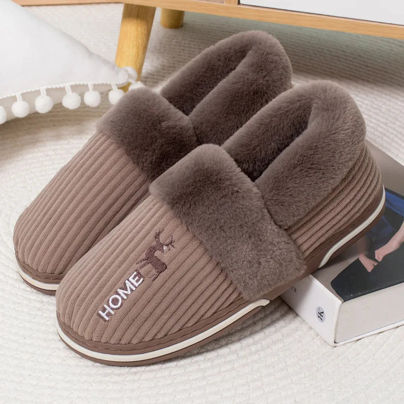 Men's Warm Plush House Slippers Indoor Anti-slip Winter Fluffy Slides With Waterproof Short Plush Male Cotton Shoes