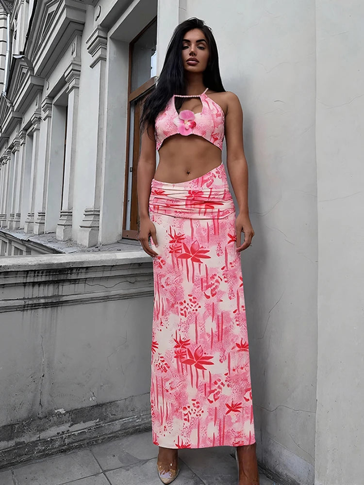 Fashion Patchwork 2 Piece Set Women Pearls Necklace Halter Applique Crop Tops + Skinny Skirts Vacation Beach Style Suit