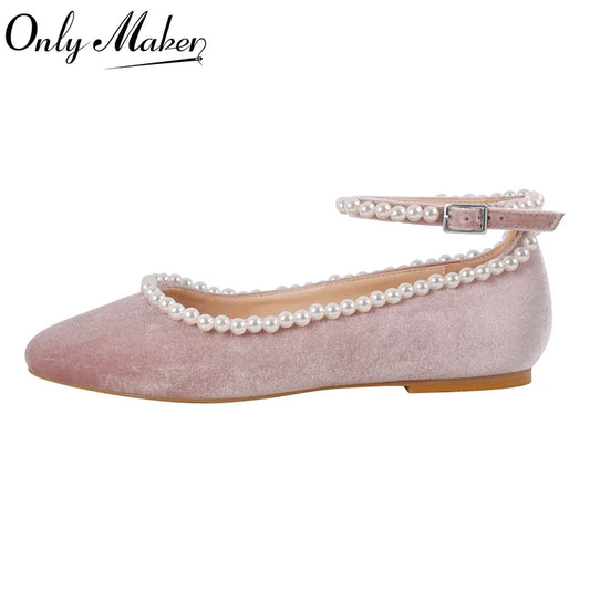 Women Velvet Pearls Flats Round Toe Pink Strap Retro Elegant Big Size Slip On Daily Flats