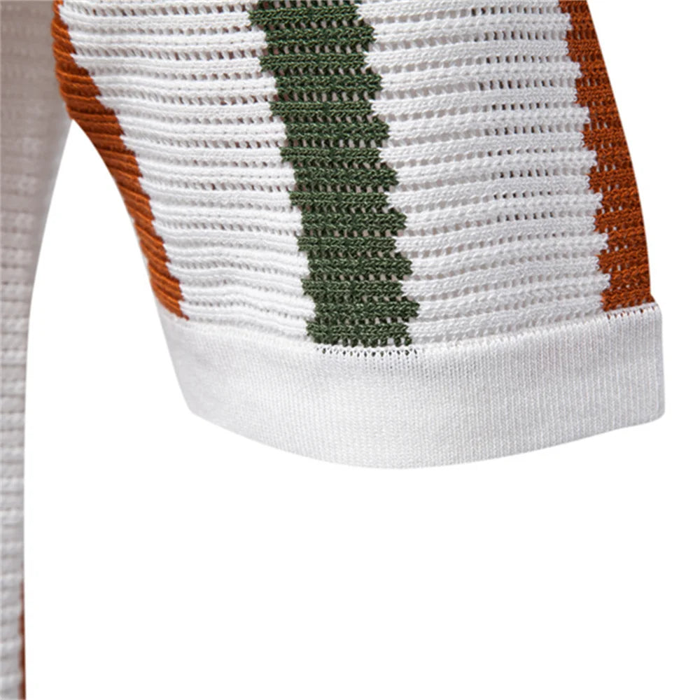 Men's Ribbed Knit Polo Shirt For Breathable Striped Casual Wear with Comfortable Collar High quality Male Polo Shirt