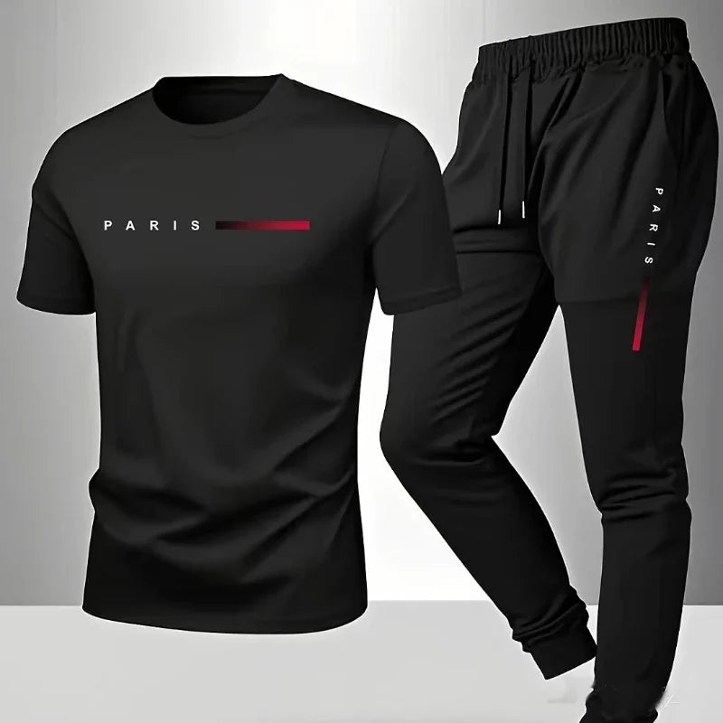 PARIS Men’s Casual 2-Piece Tracksuit Set – Letter Print T-Shirt & Shorts Summer Sportswear Outfit