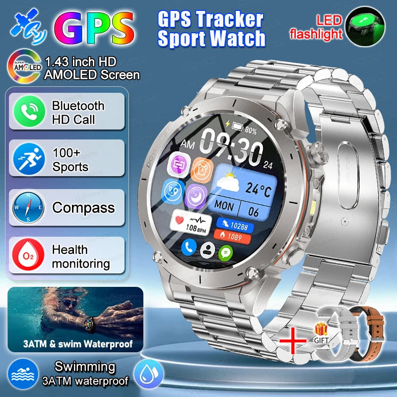 2025 New Rugged Military GPS Smart Watch Built-In GPS Tracker Compass Sports Fitness Tracking Smartwatch - Compatible with HUAWEI & Xiaomi IOS