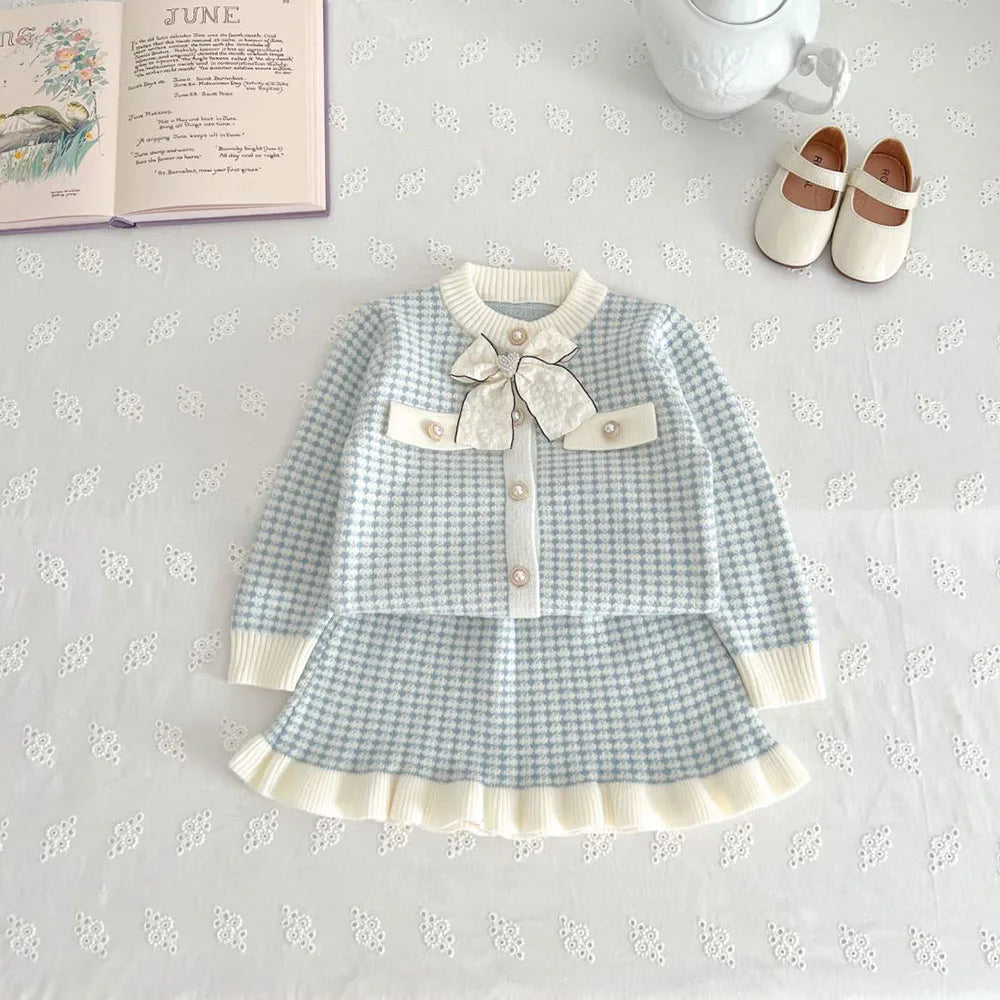 Spring Autumn Children's Clothing Set Girls Plaid Knitted Sweater and Skirt 2PCS Trendy Bow Cardigan Outfit 1-5Y Girls
