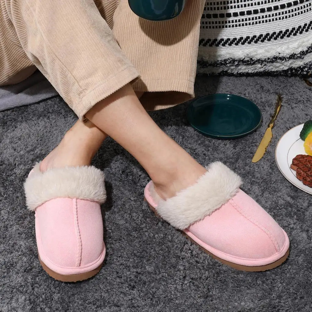 Unisex Winter Fur Slippers Home Suede Mules Short Plush Slippers For Indoor Warm Cosy Fuzzy Flats Slides For Men & Women