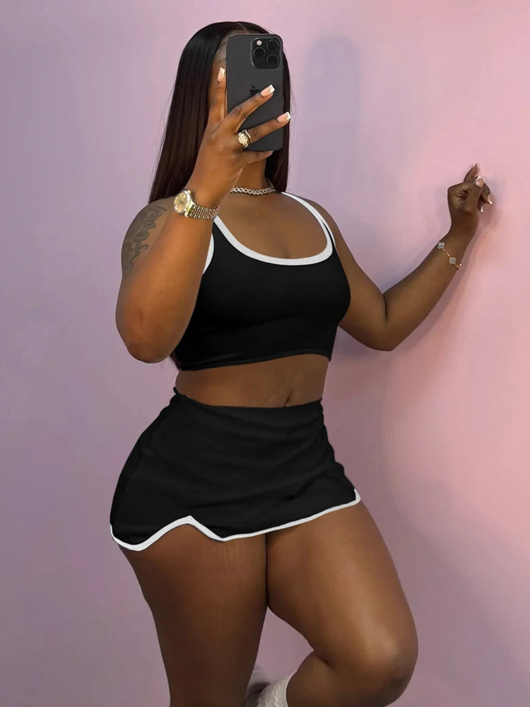 Casual Simple Women 2 Piece Set Tracksuit Skinny Tank Tops + Irregular Hem Skirts Matching Stretch Streetwear Outfits