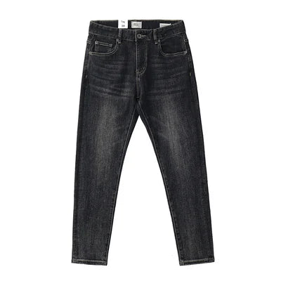 Herfst Nieuwe Amerikaanse Retro Zware Zwarte Denim Stretch Jeans Heren Eenvoudige Gewassen Oude Casual Rechte Slanke Potloodbroek