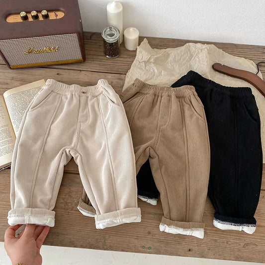 Winter Warm Kids Pants Fleece Lining Corduroy Fleece Boys Girls Trousers Outerwear Clothing 1-6Y Unisex