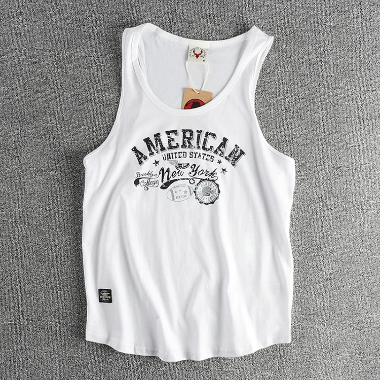 Summer New American Retro Sleeveless O-neck Letter Printed T-shirt Men's Fashion 100% Cotton Washed Casual Sports Vest Tops