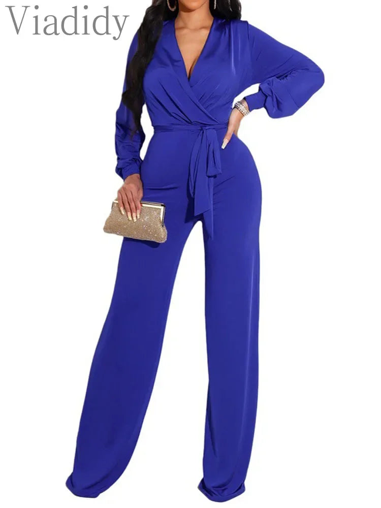 Women Solid Color Knitted V-Neck Long Sleeve Straight Jumpsuit With Belt