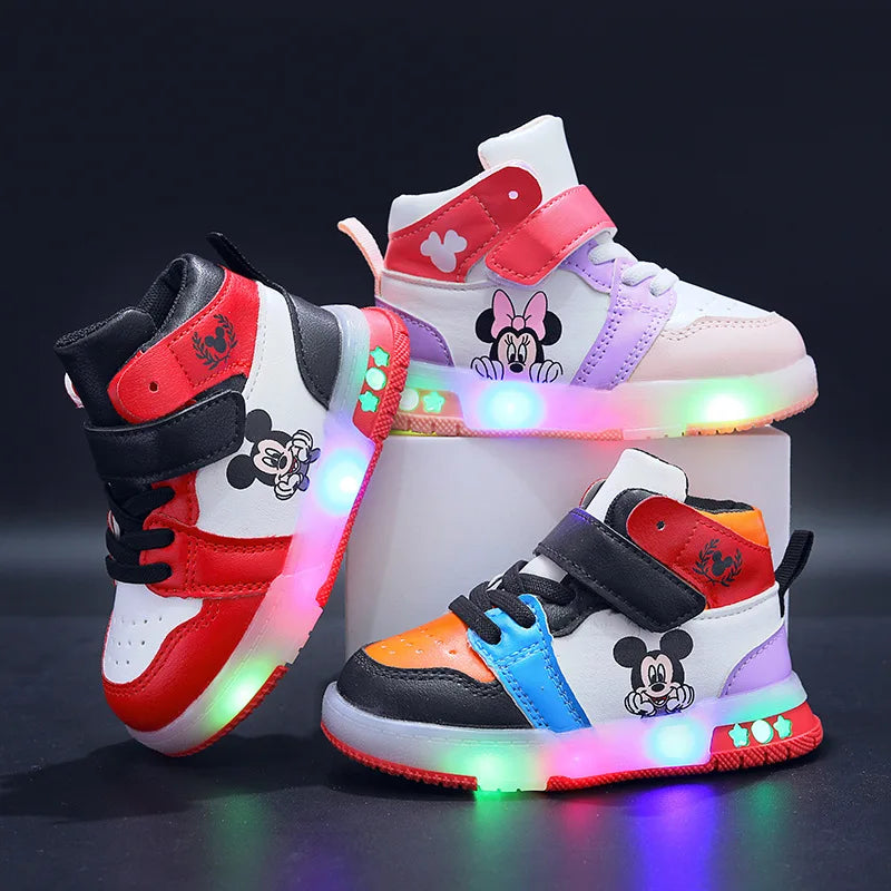 Disney Girls' Casual Sneakers PU Leather Mickey Mouse LED Light-Up Children's Sneakers - 1-6 Years Old Sports Casual Footwears