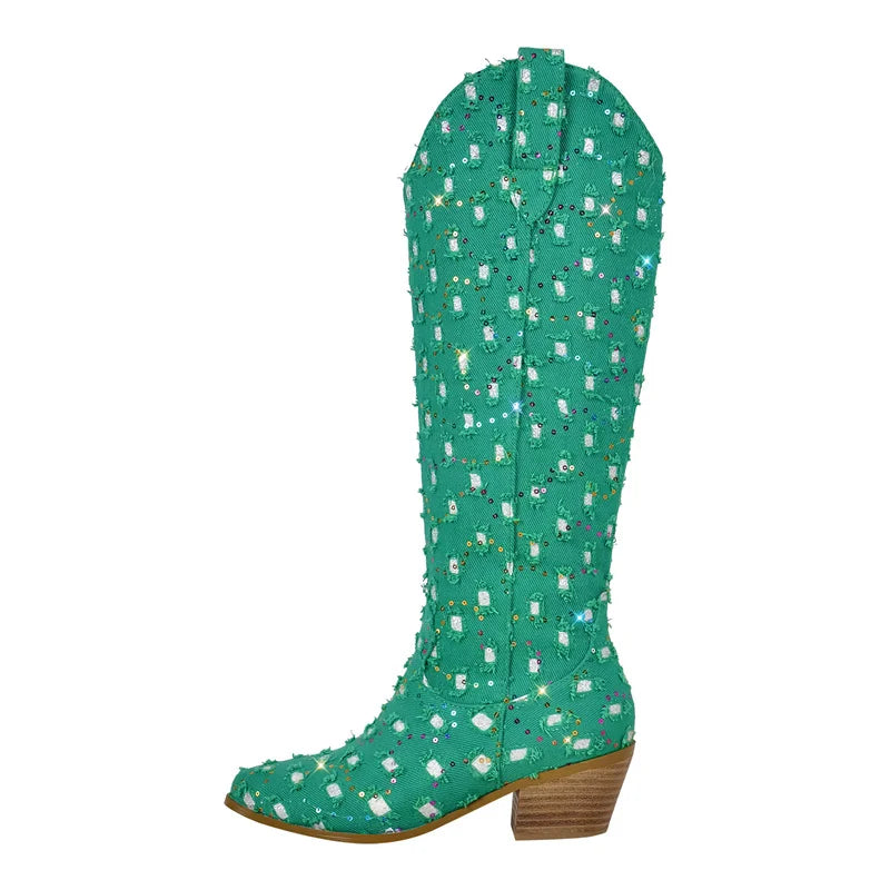 Women Pointed Toe Knee High Boots Western Boots Wide Calf Embroidered Canvas Block Heel Pull-On Cowgirl Booties
