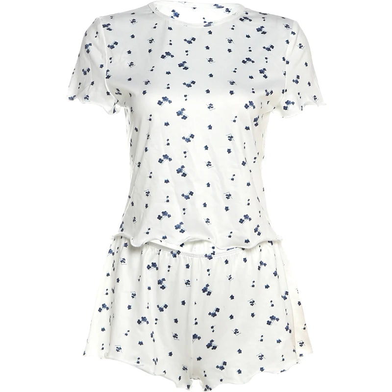 Floral Print 2 Piece Set Women o-Neck Short Sleeve T-Shirts+Folds Skinny Shorts Matching Casual Simple Ruffles Suits