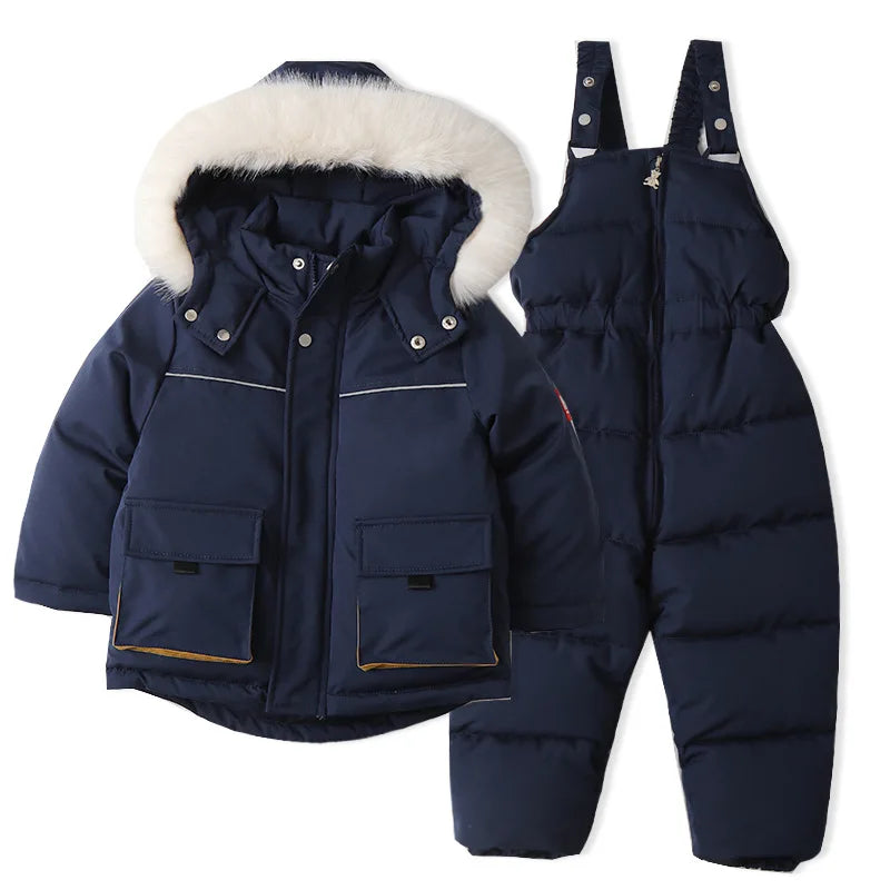 Unisex 2Pcs Winter Warm Children's Ski Clothes Set Thicken Fur Lining Hooded Coats & Overalls Set Snowsuit For Kids 2-5Y