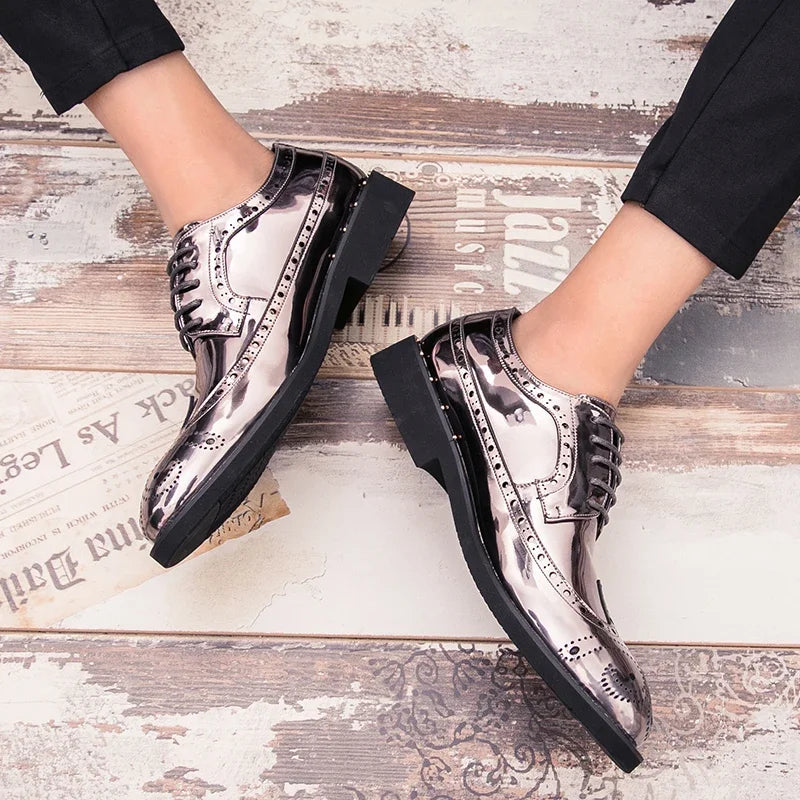 Fashionable Mens Silver Brogue Shoes New Cool Male Formal Evening Shoes Large Size 38-46 Wedding Dress Shoes for Men