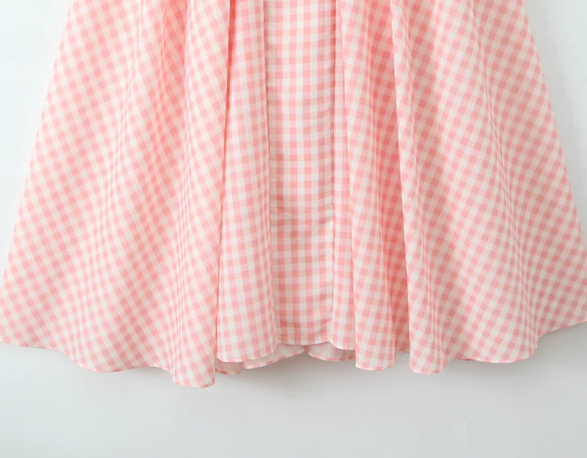 Summer Women Sexy Backless Pink Plaid Halter Dress Low Waist Elegant Party Dresses Holiday Robe