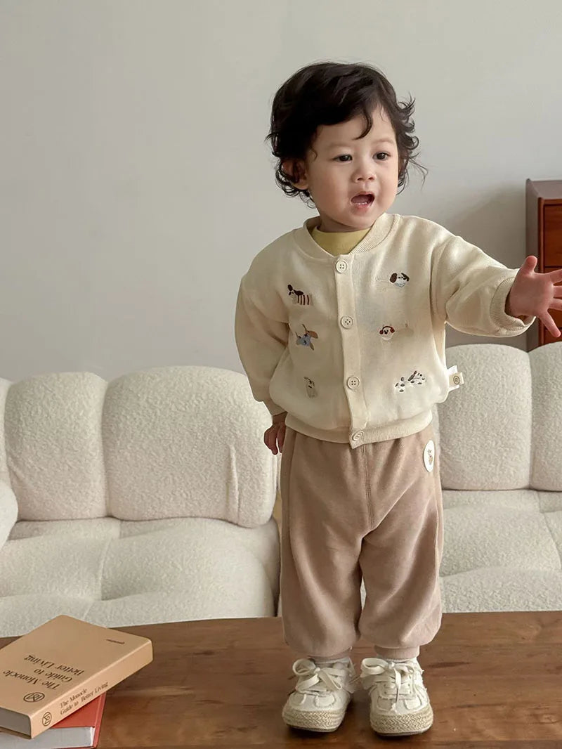 New Autumn Boys Girls Dog Baseball Uniform Cartoon Embroidered Pattern Kids Coat Fashion Children Clothes Pants 9M-5T Unisex