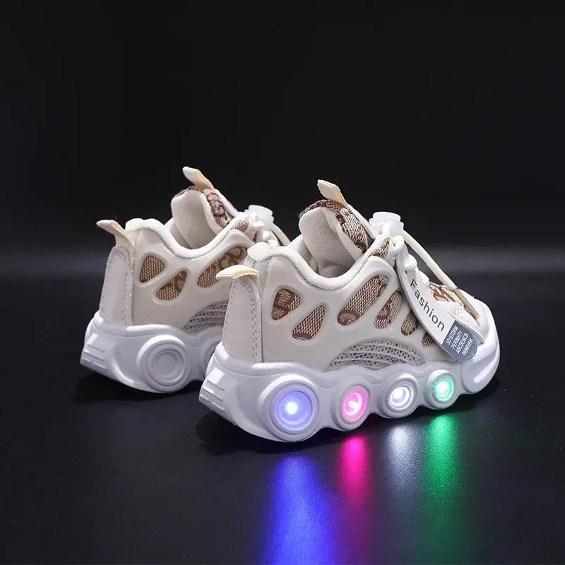 Kids LED Light Up Sneakers - Glow Boys 1-6 Years Breathable Mesh Sporty Shoes Casual Letter Webbing Luminous Footwear
