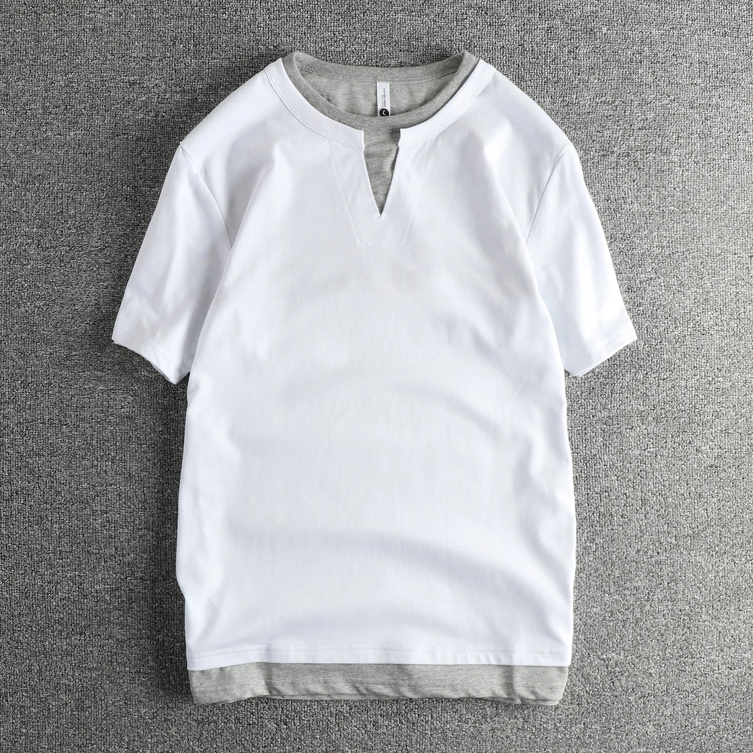 2025 Summer American Retro Short Sleeve V-neck Fake Two Pieces Solid Color T-shirt Men's 100% Cotton Washed Youth Casual Tops