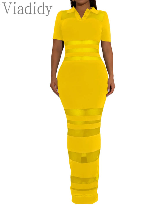 Sexy Women Turn Down Collar Short Sleeve Mesh Patchwork Striped Long Dress Vestidos
