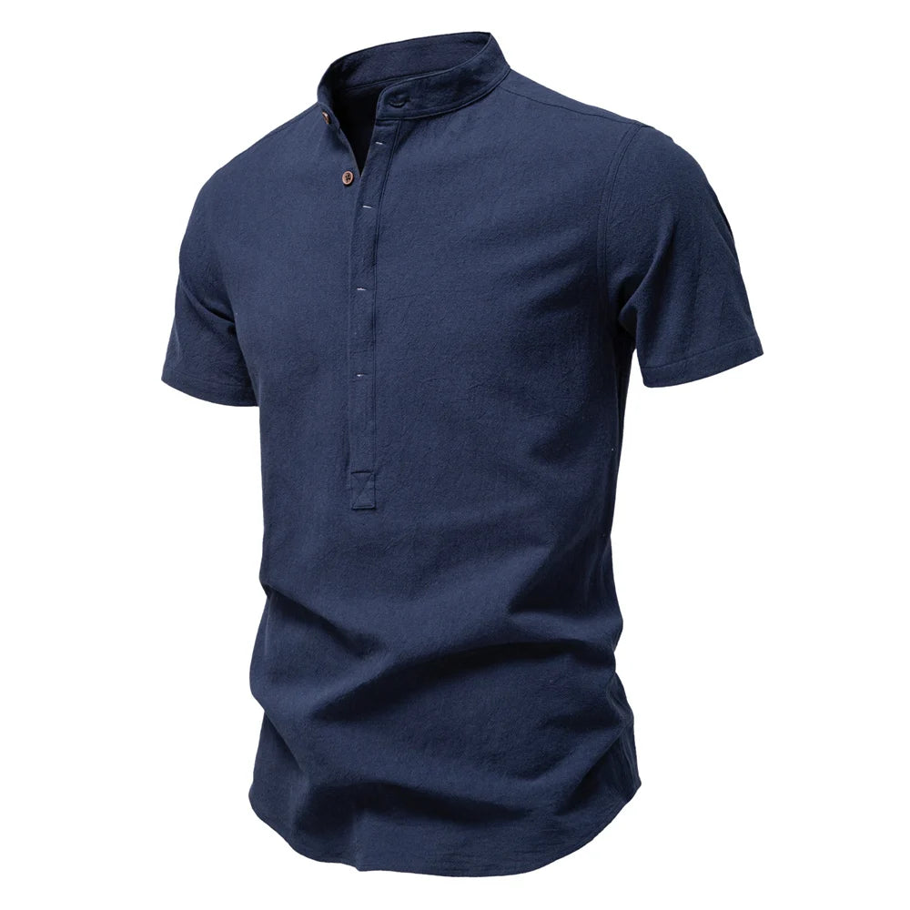 Men's Short Sleeve Solid Colour Linen Shirt Turn Down Collar Casual Summer Breathable Comfort Shirts for Men‌