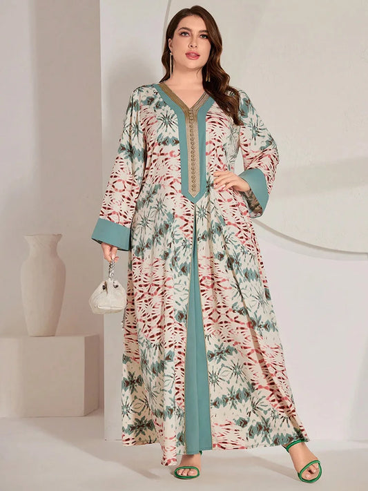 Women's Summer Print A-Line Abaya Elegant Long Dresses Plus Size Tie-Dye & Patchwork Woven Belt Arabic Clothing For Ladies