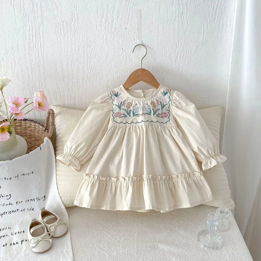 2025 Lente Kinderkleding Meisjes Casual Jurk Pofmouwen Geborduurd Kinder O-hals Prinsessenjurk 1-6Y Meisjes